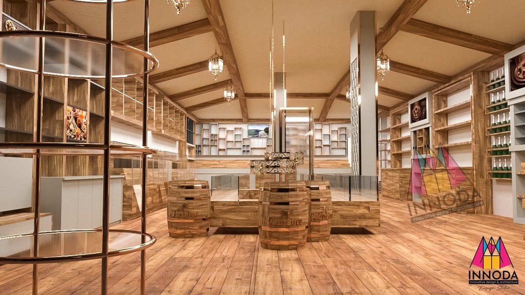 Vaulted timber beam ceiling with barrel display elements